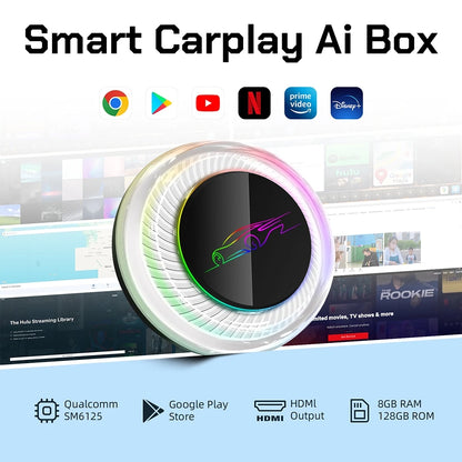 8GB+128GB Android 13 CarPlay Ai Box Ambient Light LED Dual WiFi HDMI 4G SIM Card 8-Cores Smart Car Multimedia Box USB Adapter