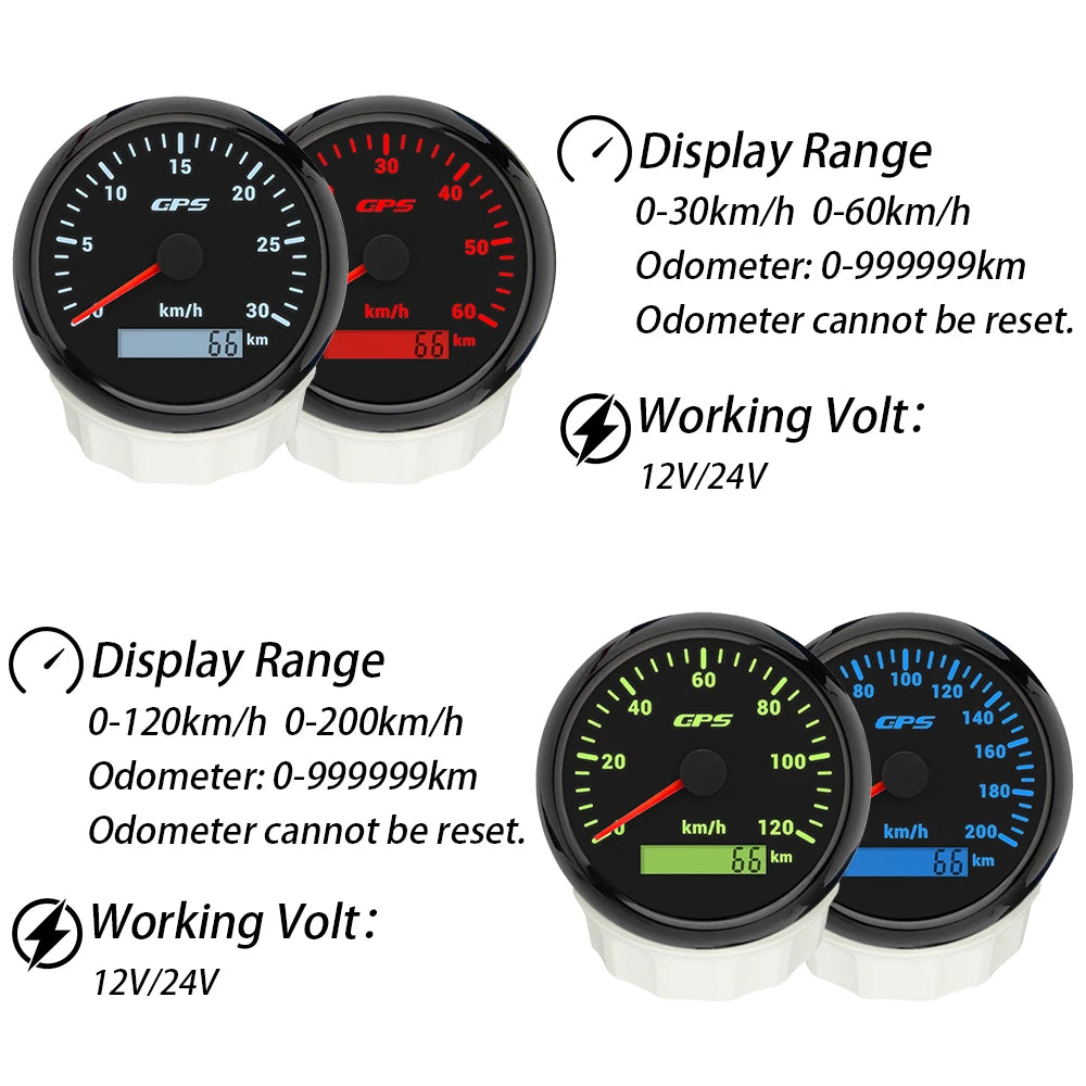 ELING Car Motorcycle Trucks Boats 85mm GPS Speedometer 30K 0-120KM/H 0-80M 200M Speed Gauge with 7 Colors Backlight 12V 24V