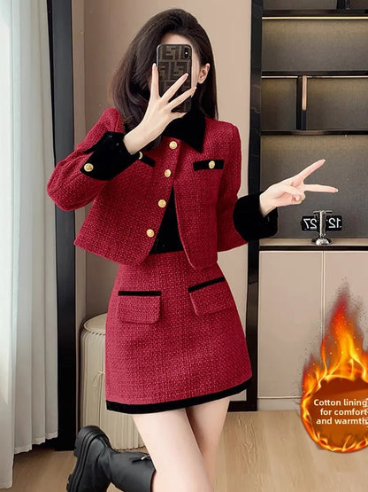 High-End  Style Women's Outerwear Set Autumn Winter New Design High Waist  Skirt Two-Piece Suit Fashionable And Warm