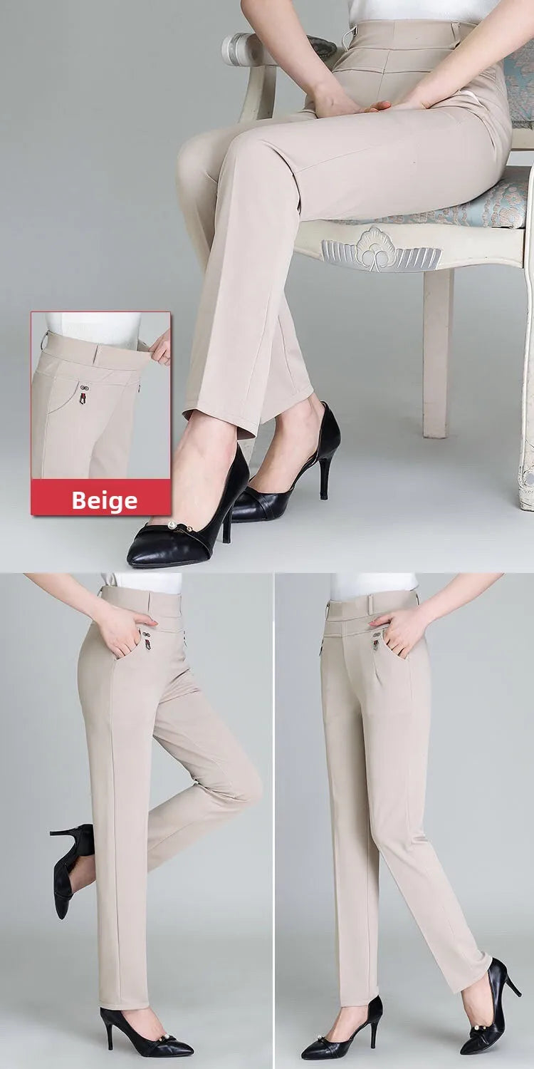 High Waist Fleece Lined Slimming Pants for Middle-Aged And Elderly Women Casual Long Pants Straight Leg Elastic Ankle Pants