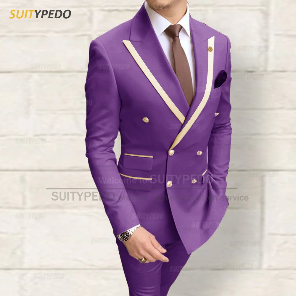 Fashion Men Red Suit Sets Wedding Party Custom Groomsman Elegant Outfits Birthday Banquet Male Stylish Blazer Pants 2 Pieces