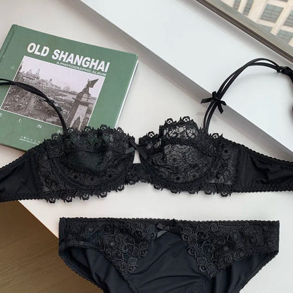 Sexy Lace Bra Set for Women Plus Size Half Cup Sheer Ultra Thin Nipple Concealed Erotic Lingerie Push Up Comfort Underwear Set