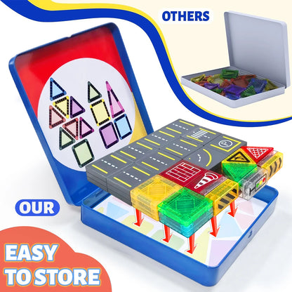 Magnetic Road Construction Set Toys For Kids Gift Magnetic Building Blocks Montessori Educational Toys 32/58PCS With Iron Box