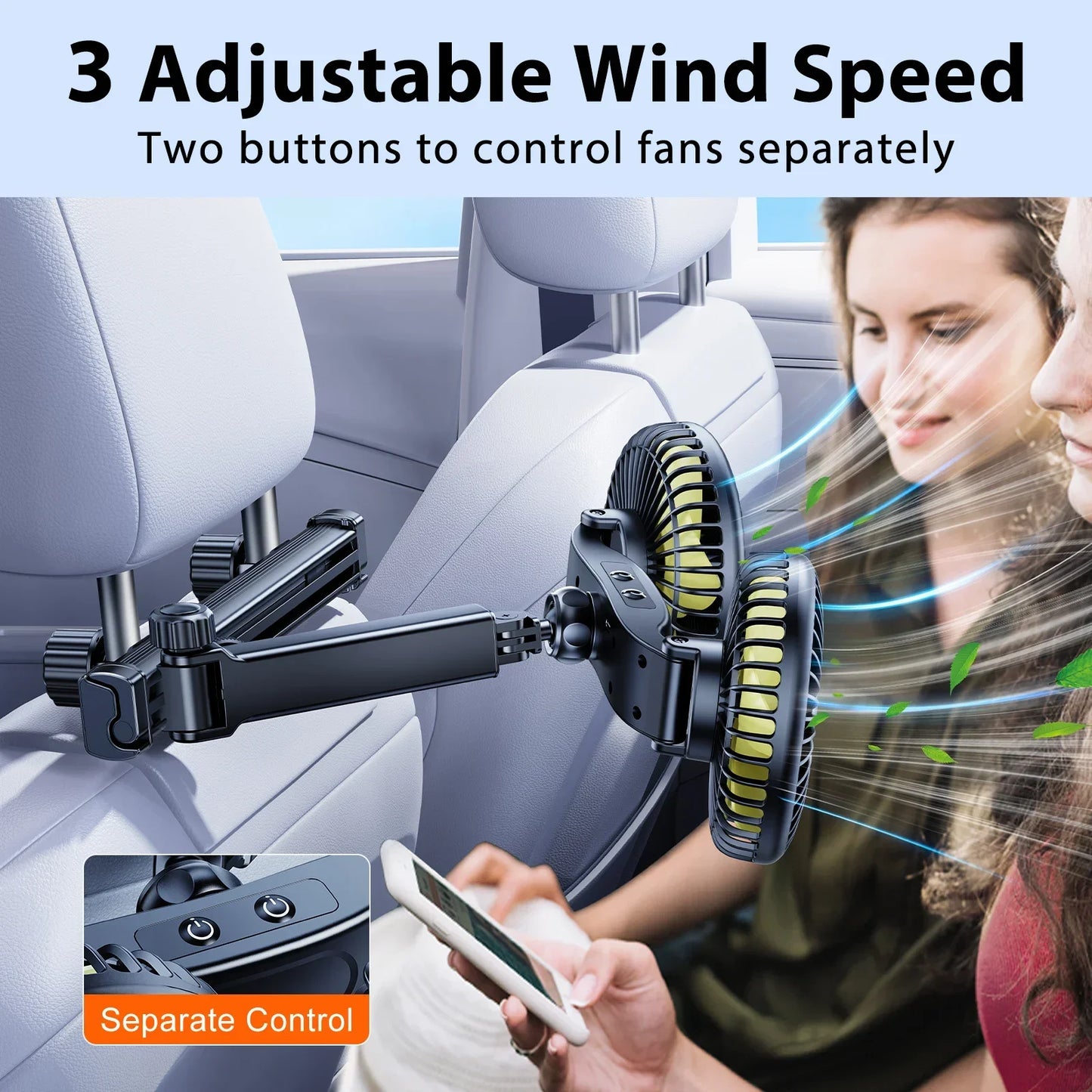 Hipacool Battery Dual Head Fan for Car Backseat with Retractable Long Arm USB Rechargeable Car Seat Headrest Cooling Fan