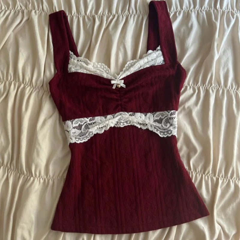 Y2k Coquette Lace Trim Crop Top Women 00s Vintage Aesthetic Grunge Slim Fit Vest Retro Cottage Tank Tops Clothes
