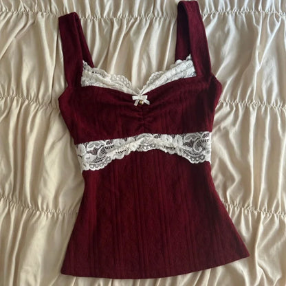 Y2k Coquette Lace Trim Crop Top Women 00s Vintage Aesthetic Grunge Slim Fit Vest Retro Cottage Tank Tops Clothes