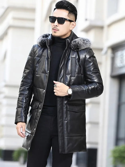 Winter Real Sheepskin Overcoat Men Zipper Thick Warm Hooded Genuine Leather Down Coat  Plus Size 5XL Streetwear Casual Coat Men