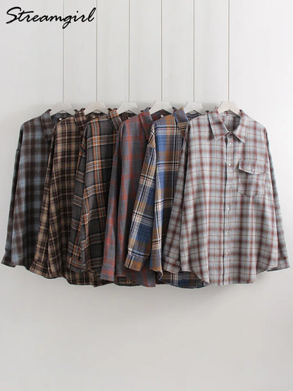 Streamgirl Oversized Plaid Shirt Women 2026 Spring Loose Vintage Long Shirts Full Sleeve Women Plaid Brown Oversized Shirt Blue