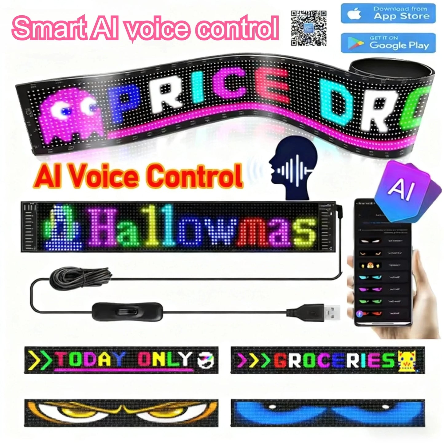 AI voice control Demon Eyes Car LED Display Programmable Flexible LED Display Soft Sign Board Pixel Custom Led Panel Christmas