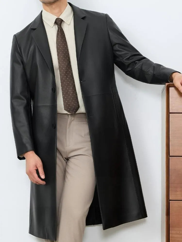 Business Casual Style Turn Down Collar Pocket Genuine Leather Long Jacket Single-Breasted Male Sheepskin Trench Outerwear