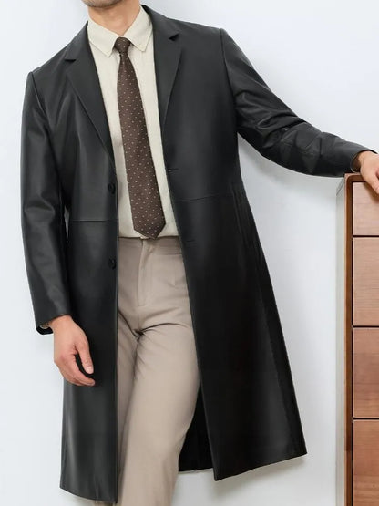 Business Casual Style Turn Down Collar Pocket Genuine Leather Long Jacket Single-Breasted Male Sheepskin Trench Outerwear