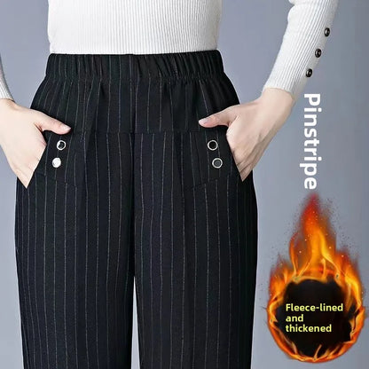 Women's Fleece Lined Loose Straight Leg Elastic Waist Casual Pants Thickened Autumn Winter New Style Cotton Sheepskin Velvet