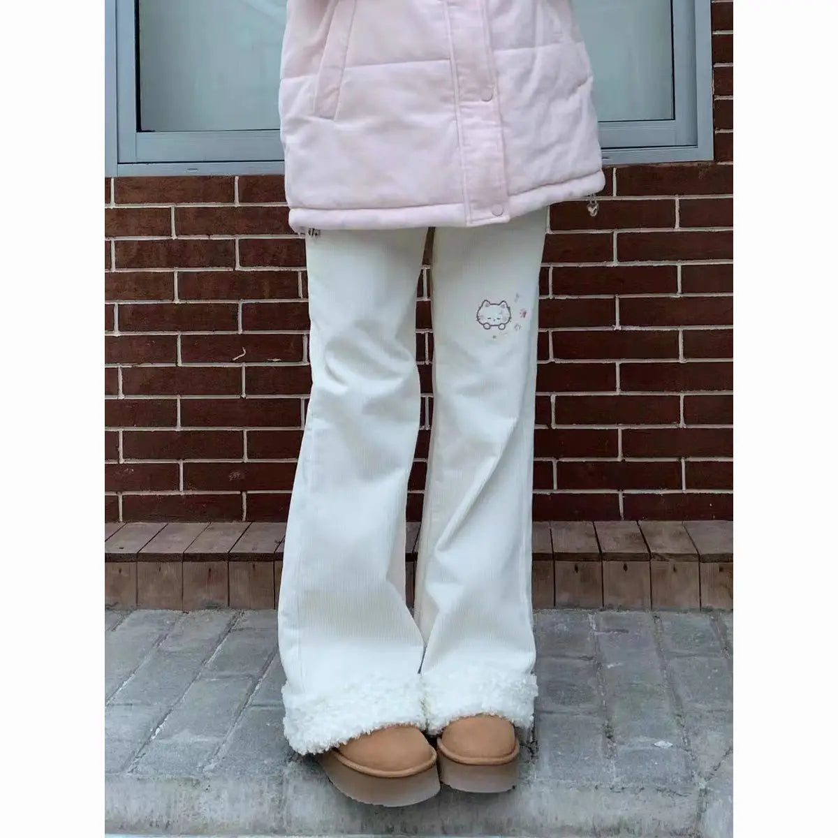 Corduroy  Embroidery Lamb Fur Patchwork Loose Micro Flare Autumn Winter Fleece Lined Slimming Cute Wide Leg Pants Women