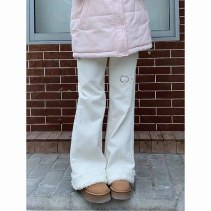 Corduroy  Embroidery Lamb Fur Patchwork Loose Micro Flare Autumn Winter Fleece Lined Slimming Cute Wide Leg Pants Women