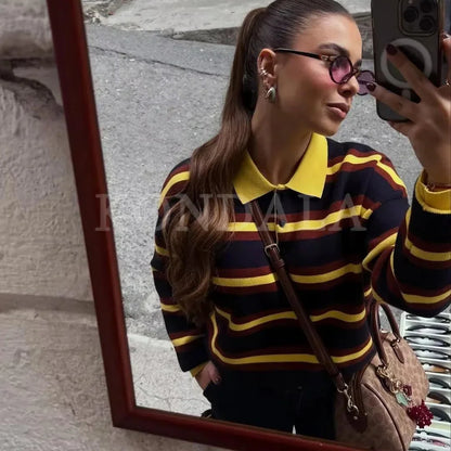 KONDALA 2025 Fall Winter Streetwear Knitted Women POLO Shirts Fashion Elegant Striped Pullover Ladies POLO Shirts