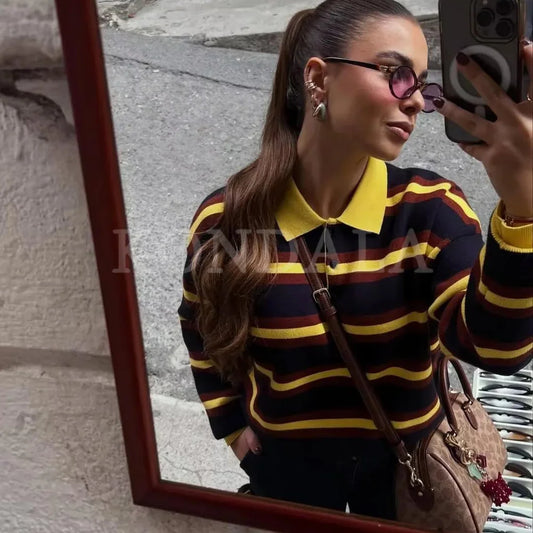 KONDALA 2025 Fall Winter Streetwear Knitted Women POLO Shirts Fashion Elegant Striped Pullover Ladies POLO Shirts