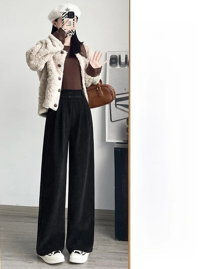 White Corduroy Wide Leg Pants Women's Autumn Winter Slim Straight Drapey Small Size Fleece Lined Suit Trousers