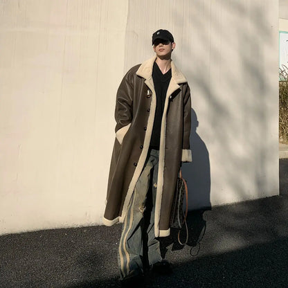 Luxury Brand Trend Winter Warmth Men Leather Trench Coat Fur Lined Long Overcoat Thick Single-Breasted Faux Fur PU Leather Coat