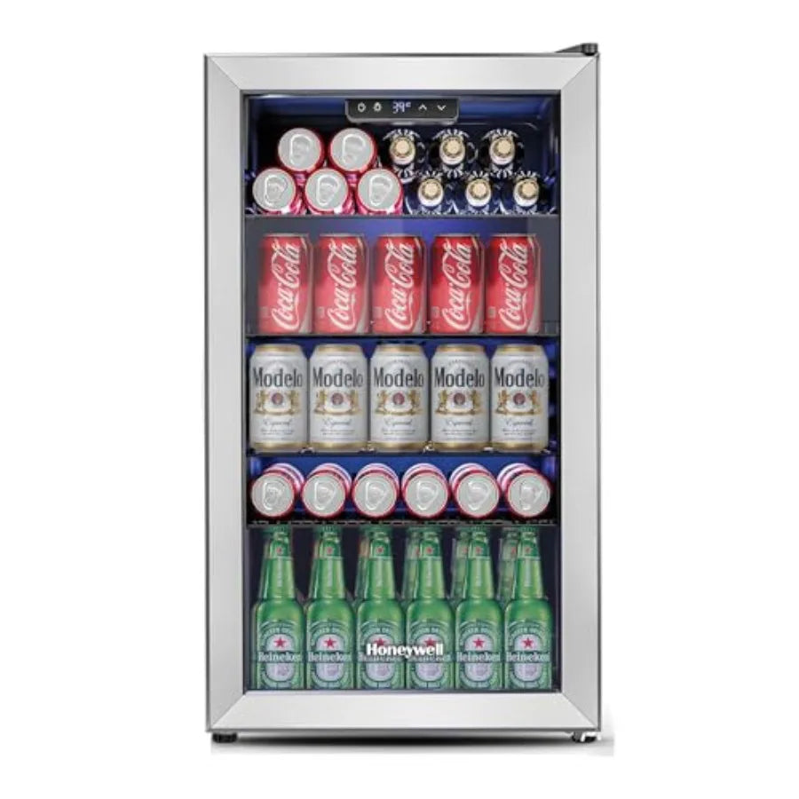 Beverage Refrigerator and Cooler, Mini Fridge with Glass Door for Soda Beer or Wine in Office or Bar Use, Stainless Steel, Blac