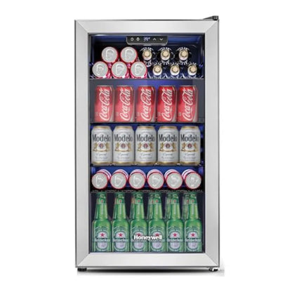 Beverage Refrigerator and Cooler, Mini Fridge with Glass Door for Soda Beer or Wine in Office or Bar Use, Stainless Steel, Blac