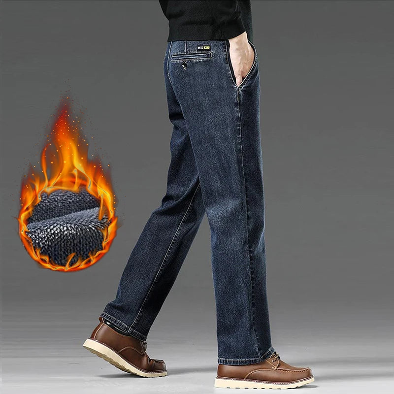 Warm Fleece-Lined Jeans Men's Relaxed Straight Leg Thickened Casual Velvet Denim Trousers Comfortable Daily Work Long Pants