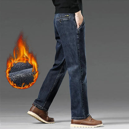 Warm Fleece-Lined Jeans Men's Relaxed Straight Leg Thickened Casual Velvet Denim Trousers Comfortable Daily Work Long Pants