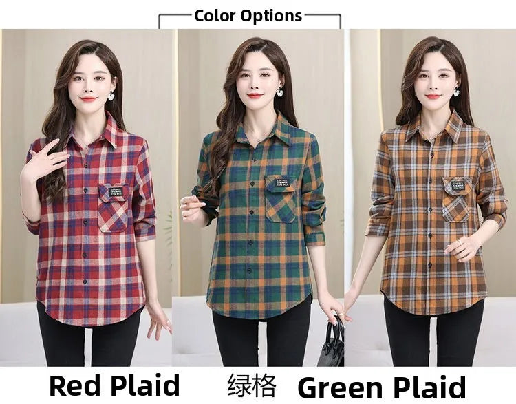 Loose Long Sleeve Mom Shirt Women's New Style Slimming Age-Defying Outerwear Versatile Early Autumn Plaid Outfit  Collar