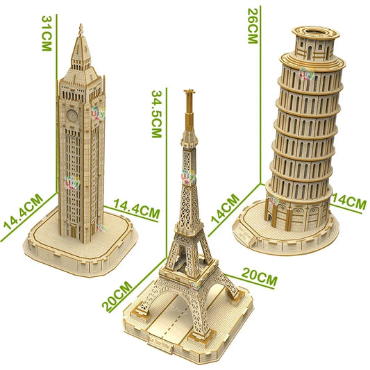 Ury 3D Wooden Puzzle Eiffel Tower Leaning of Pisa Famous European Classics Building World Architecture Model DIY Toys Decoration