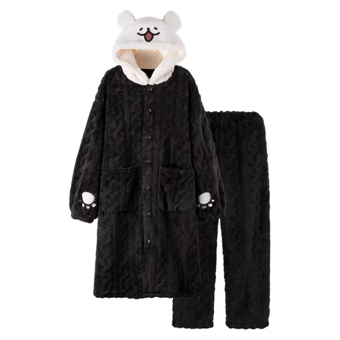 Thickened Coral Fleece Sleep Robe for Women Winter Home Clothes Couples Pajamas Cute Warm Long Cartoon Patterned Robe
