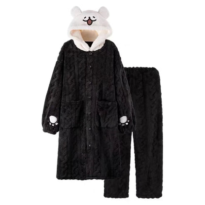 Thickened Coral Fleece Sleep Robe for Women Winter Home Clothes Couples Pajamas Cute Warm Long Cartoon Patterned Robe