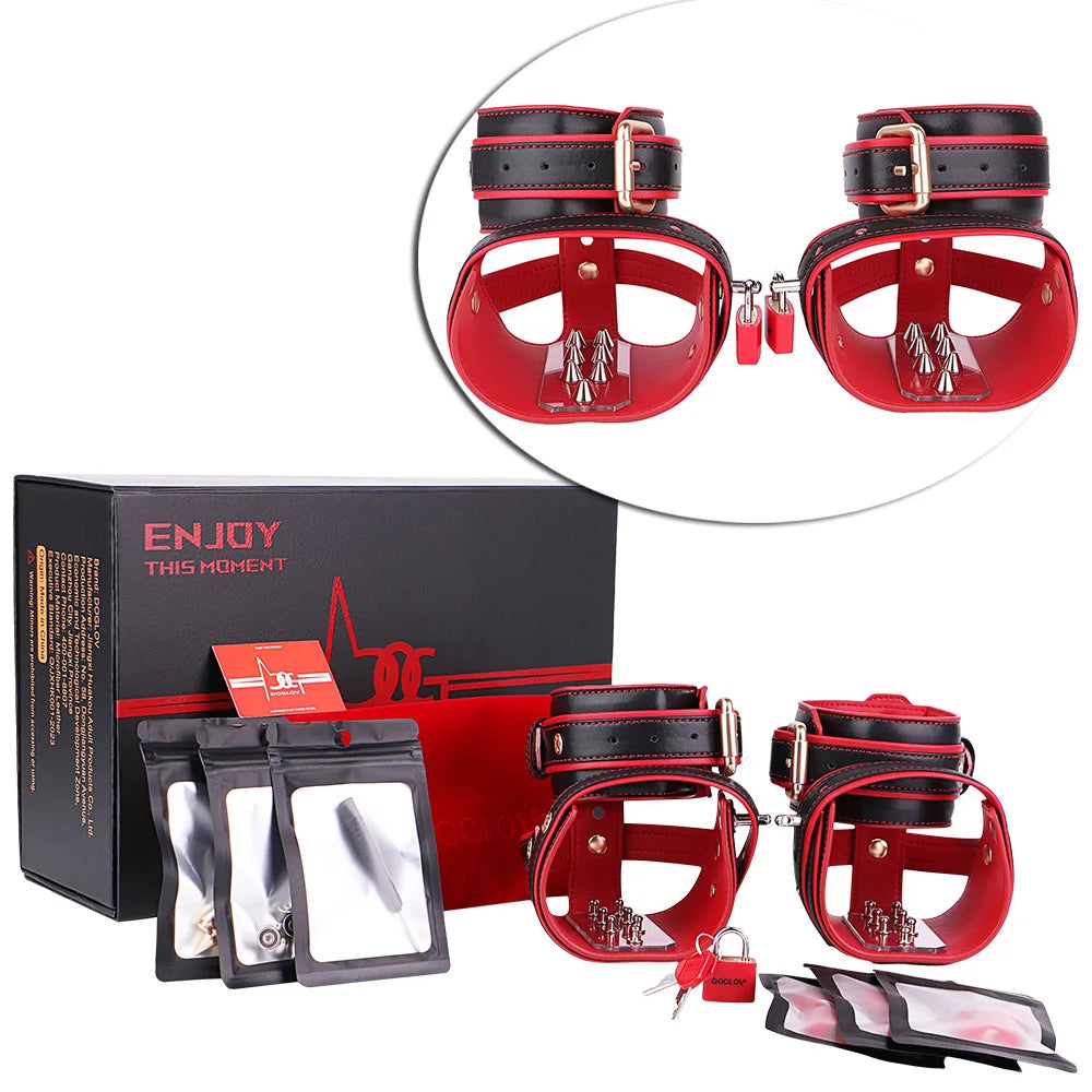 LEZEE Footcuffs Forced Tiptoe Spiked Ankle Cuffs Leather Binding Bondage Restraints Strap Heavy Duty Foot Stimulation Slave Toys
