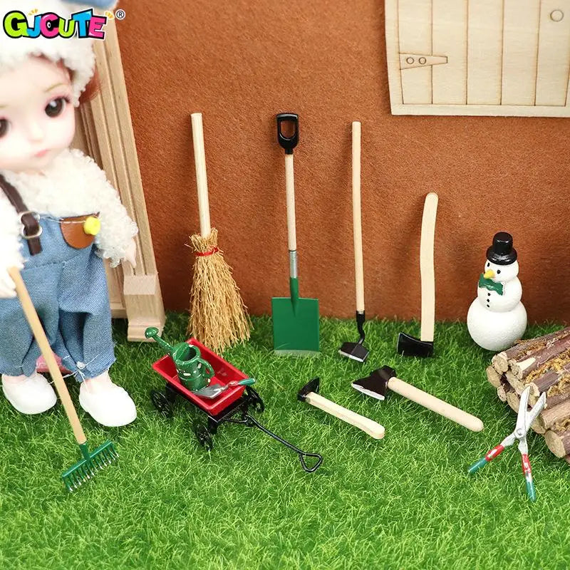 1Set 1:12 Dollhouse Miniature Farm Tool Ax Shovel Pull Cart Broom Boots Watering Can Garden Decor Toy Doll House Accessories