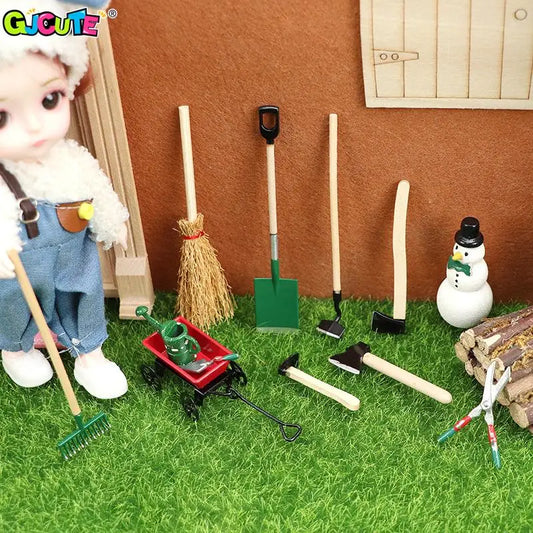 1Set 1:12 Dollhouse Miniature Farm Tool Ax Shovel Pull Cart Broom Boots Watering Can Garden Decor Toy Doll House Accessories