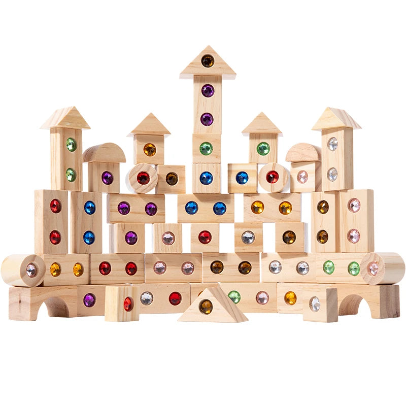 Kids Wooden DIY Blocks Sparkling Acrylic Toy Montessori Rainbow Gem Stacking Blocks Colorful Educational Wooden Creative Toys