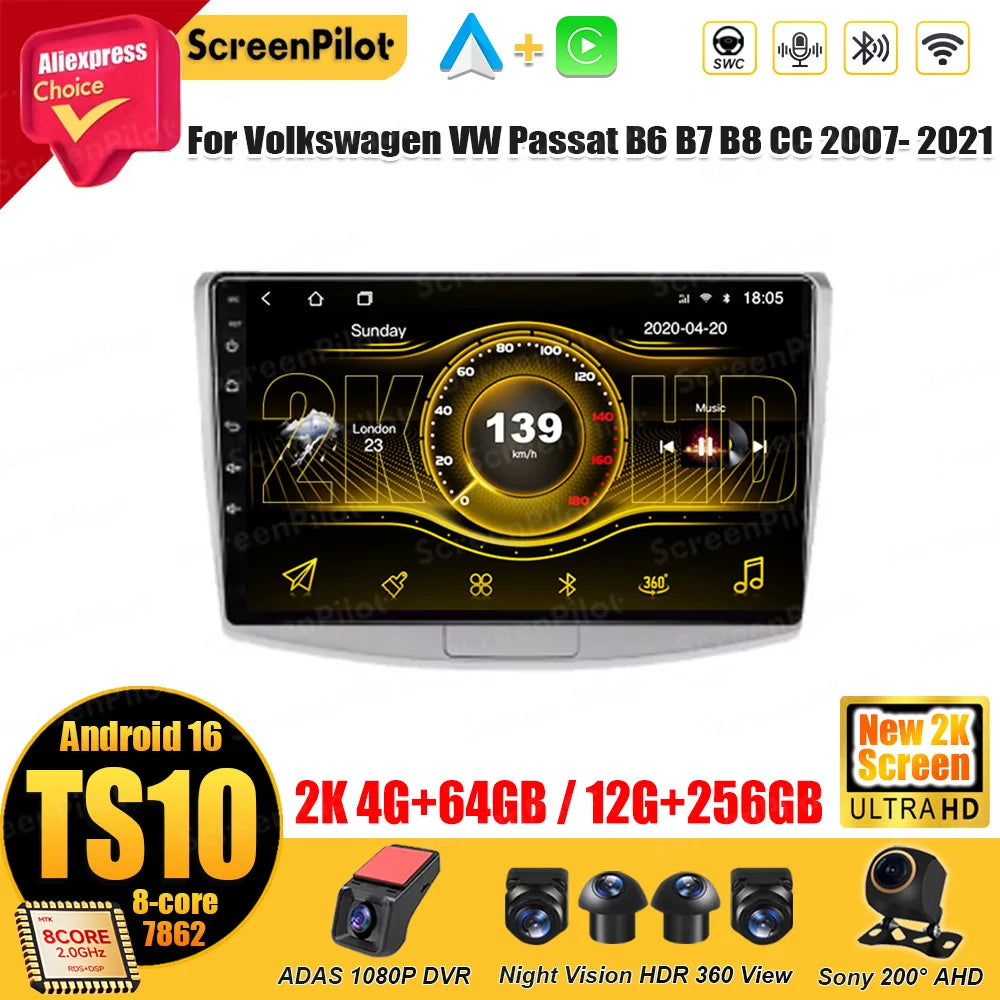 For Volkswagen VW Passat B6 B7 B8 CC 2007- 2021 Android 16 Car Radio Multimedia Video Player GPS Navigation Touch Screen RDS 5G