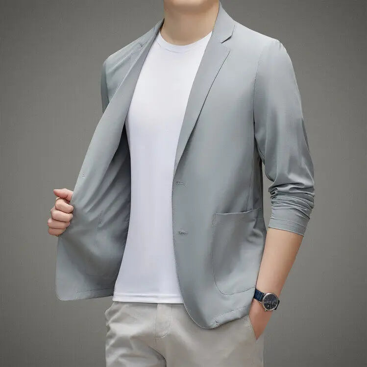 Men's Summer Thin Ice Silk Blazer Sunscreen Casual Jacket Lightweight Breathable Spring Summer Outerwear Single Suit Coat Top