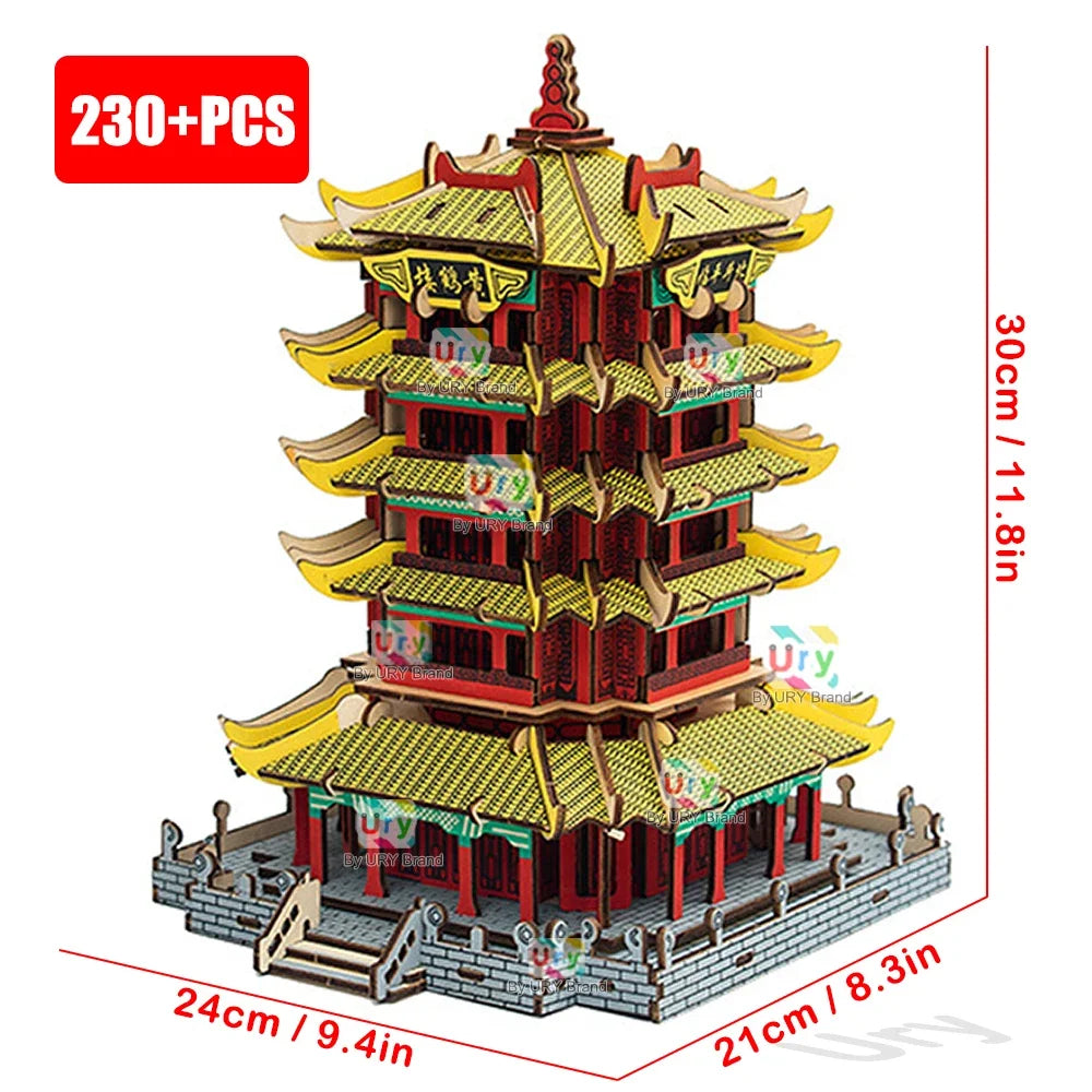Ury 3D Wooden House Colorful Chinese Traditional Puzzle Building DIY Model Game Assembly Desktop Toy Gift for Adult