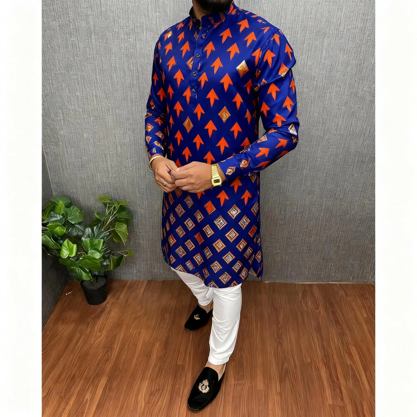 Men Islamic Arabic Abaya Robe Ethnic Print Stand Collar Youth Mid-length Shirt Luxury Coat Moslim Kleding Vestiti Musulmani Uomo
