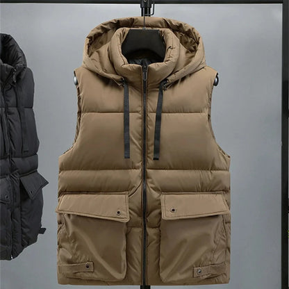 Men's Hooded Vest Winter Zipper Warm Stand Collar Waistcoat Men Cotton Padded Sleeveless Jackets with Big Pockets 2025