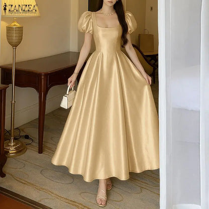 ZANZEA Elegant Chic Women Satin Wedding Guest Party Long Dresses Square Neck Short Puff Sleeve Fitted Waist A-Line Dress S-3XL