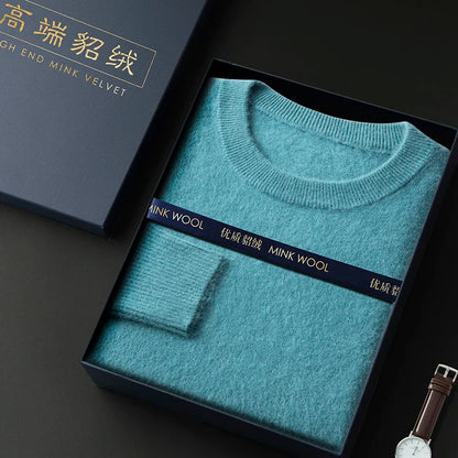 100% Pure Mink Cashmere Men's Round Neck Sweater For Autumn Winter, Casual Knitted Long Sleeved Pullover Sweater Men's Clothng
