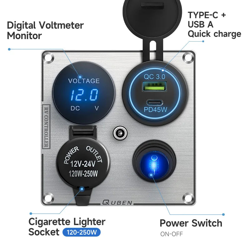 Dual Port Usb 36W On Off Digital Led Voltmeter For Car Splitter Cigarette Lighter Socket 12V QC Adapter 3.0 Quick Phone Charger