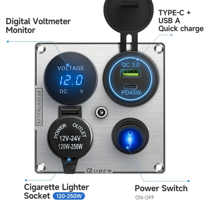 Dual Port Usb 36W On Off Digital Led Voltmeter For Car Splitter Cigarette Lighter Socket 12V QC Adapter 3.0 Quick Phone Charger