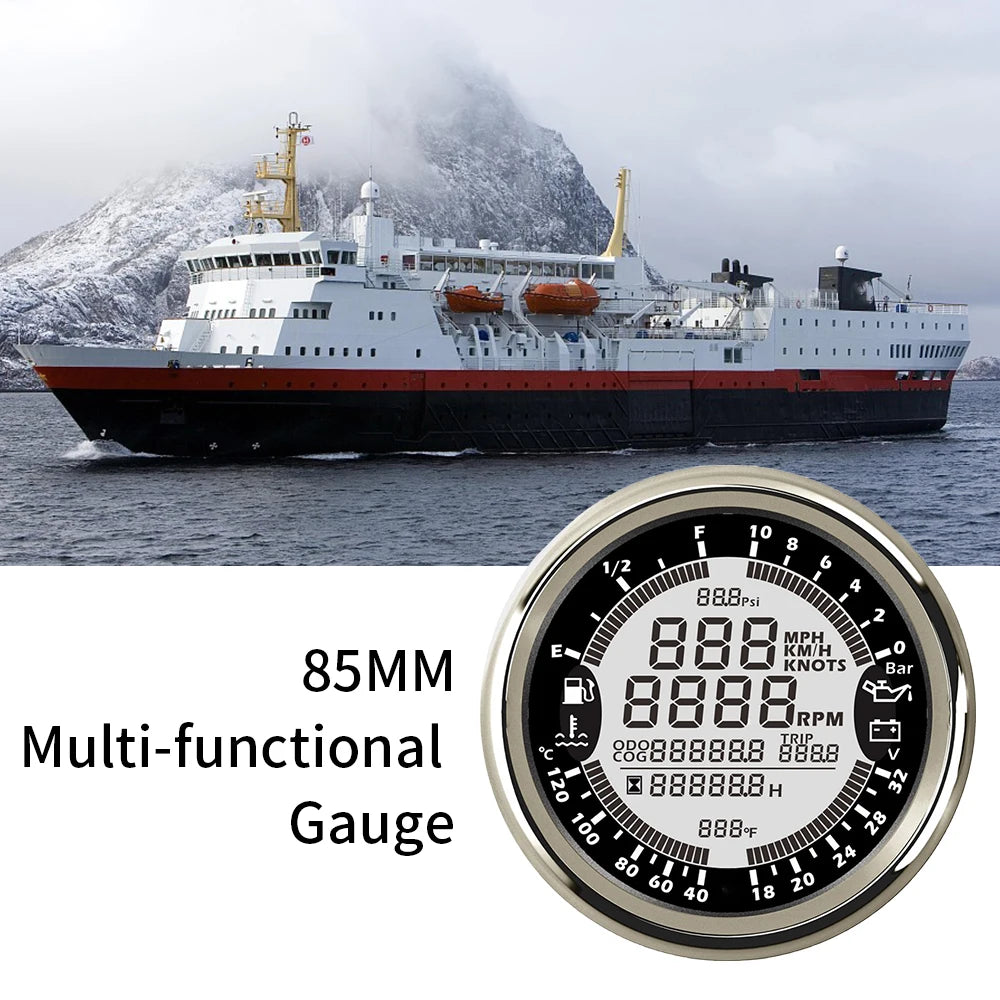 85mm 6 in 1 Car Marine Multi-function GPS Speedometer Tachometer Voltmeter 12V 24V Fuel Level Water Temp Oil Pressure 5Bar 10Bar