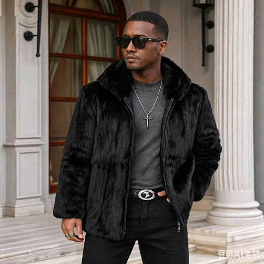 Men Genuine Real Rabbit Fur Coat Stand Collar Zipper Fluffy Thick Warm Luxury Black Winter Fur Outerwear