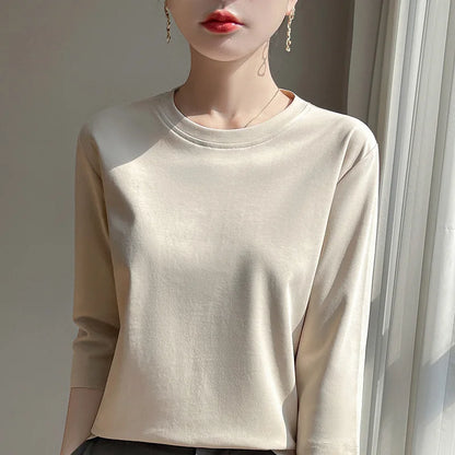 Summer Cotton Short-Sleeved T-Shirt Women's Round Neck Seven-Point Sleeves Loose Mercerized Cotton Half-Sleeve Shirt New T-shirt