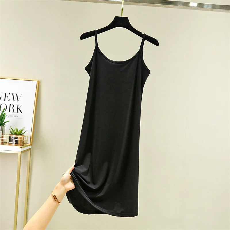 Summer Thin Ice Silk A-Line Dress Women's Casual Long Gown Inner Wear Vest Dress plus Size Korean Style Loose Waist Design