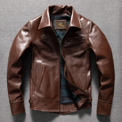 Men's Uncoated Oil Wax Thick First Layer Goatskin Leather Jacket, Short Tailcoat Genuine Leather Biker Coat for Autumn Winter