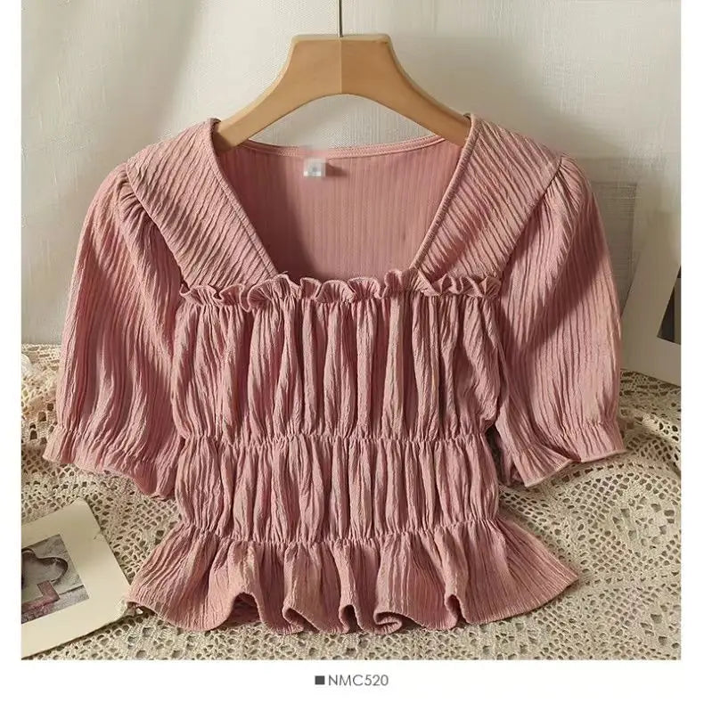 Summer 2025 New Folded Square Collar Bubble Sleeve Shirt High Waist Loose Casual Wide Leg Pants Two Piece Set Women's Fashion