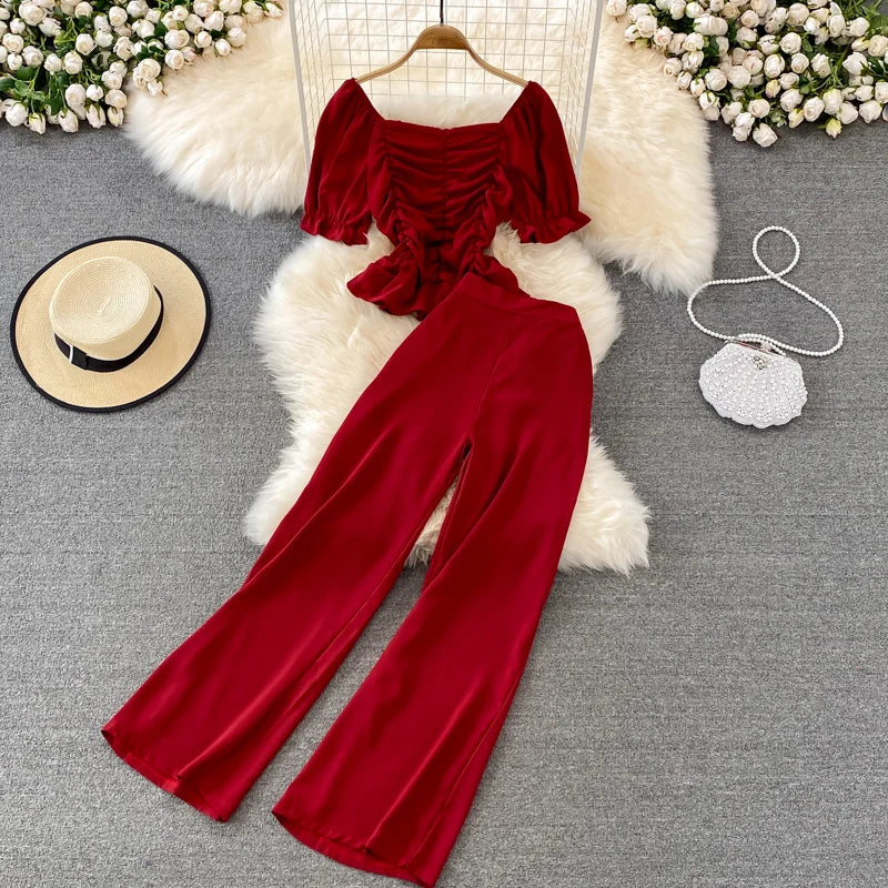 Faionable Casual Women's Set High Waist Wide Leg Pants Long Pants Two Piece Square Collar Slim Fit irt Spring